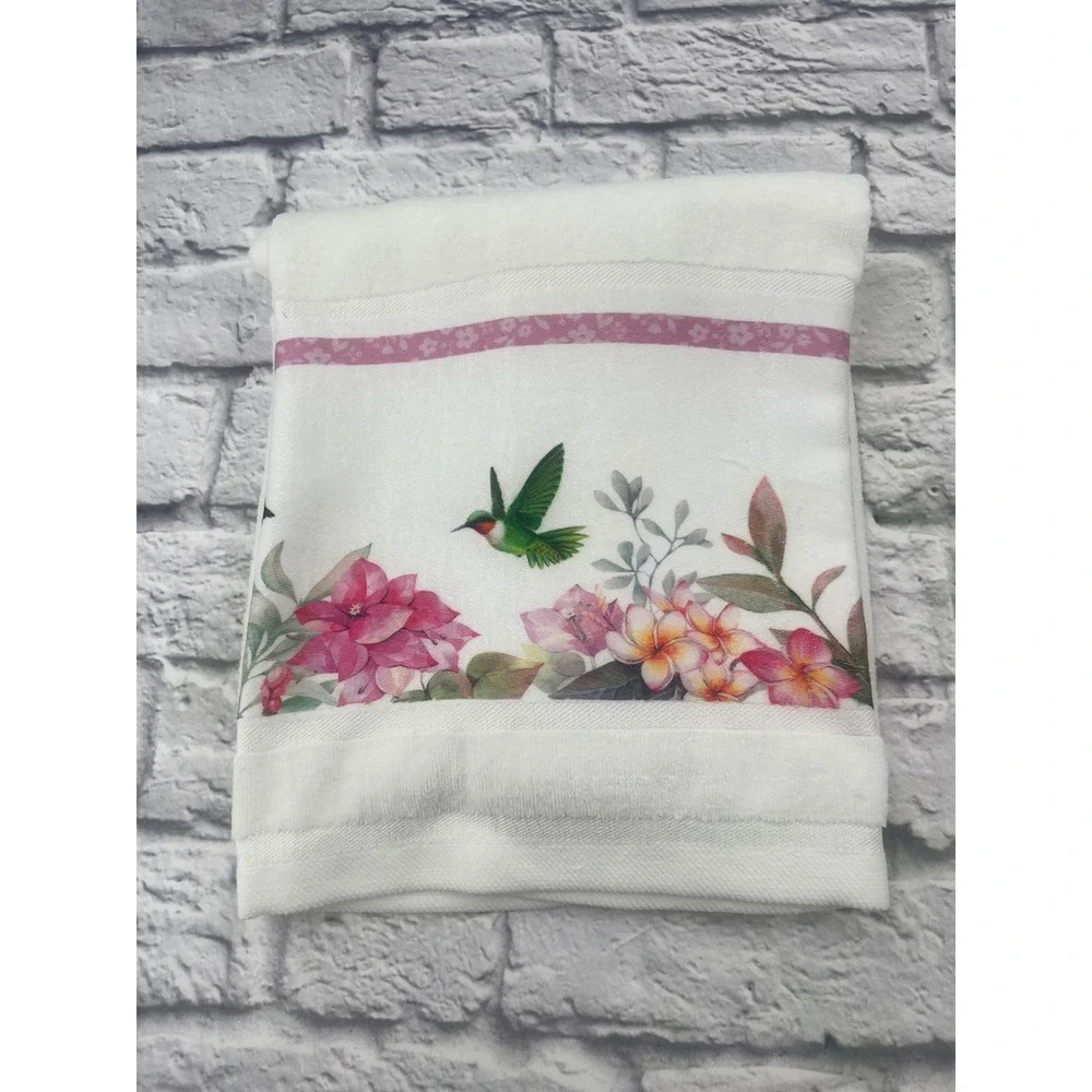 Hummingbird Floral Bath Towel Set 3 Piece White Pink Cotton Blend Decorative